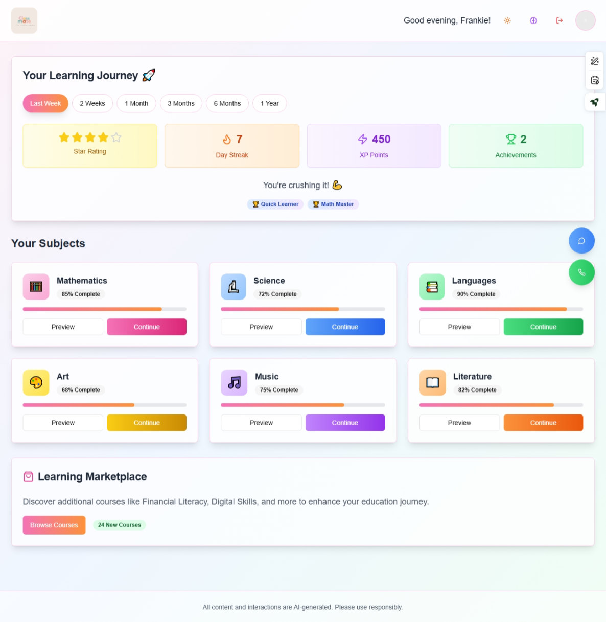 Classmate Dashboard - Learning Journey and Subject Progress