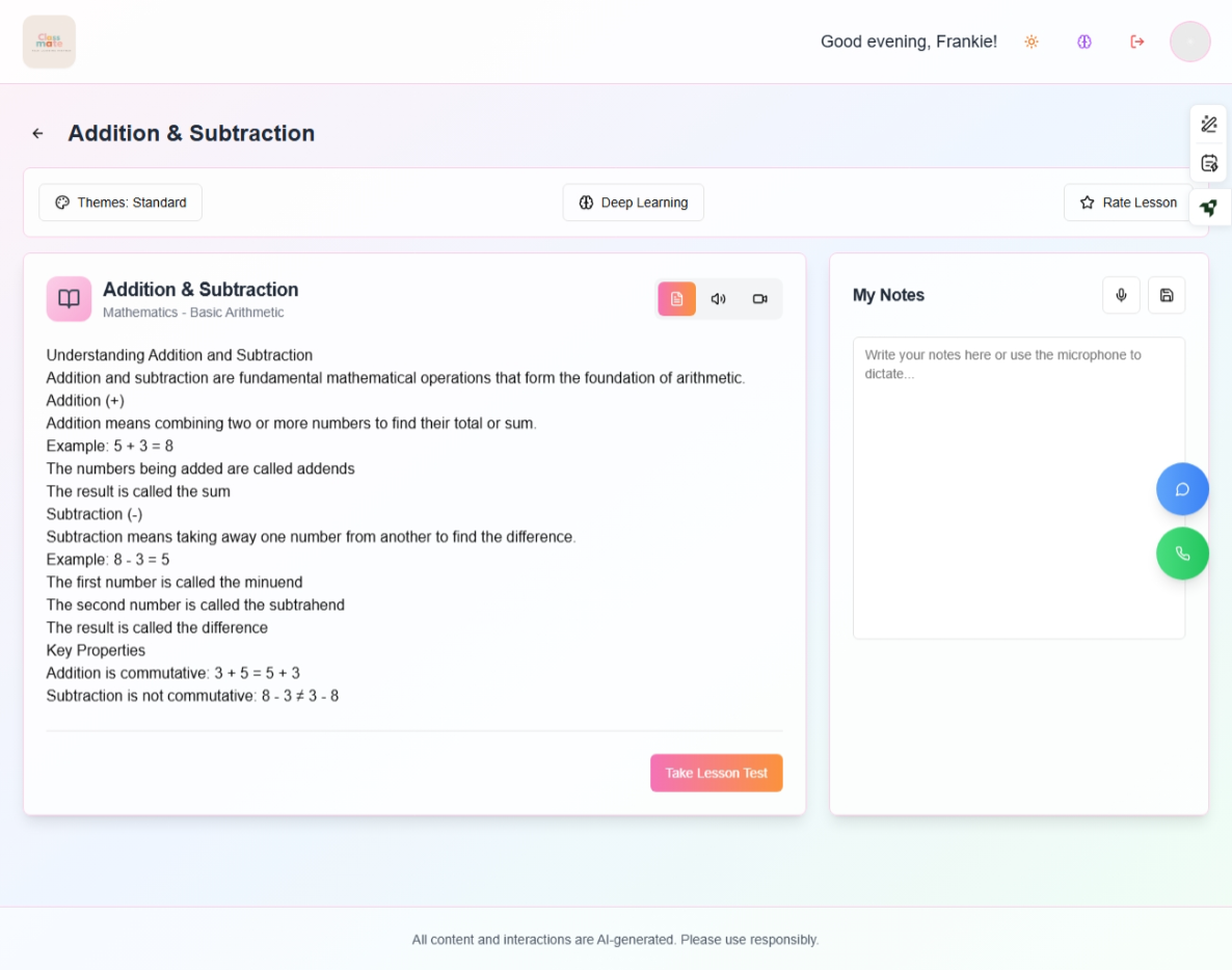 Interactive Lesson Interface - Addition & Subtraction
